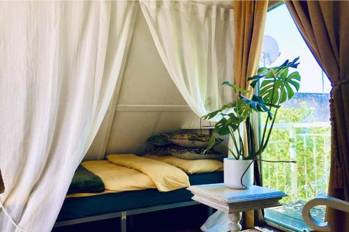 a bed in a room with a window at Studio Sleeps 2 with Free Parking in Mexilhoeira Grande