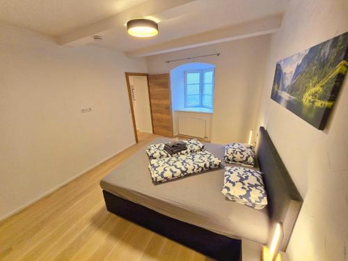 蒂罗尔州霍尔Stylish 1-Bedroom Old Town Retreat的一间卧室，床上有两个枕头