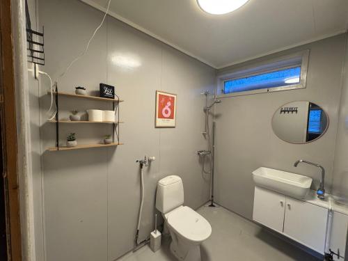a bathroom with a toilet and a sink and a mirror at Modern Apartment in Nature Mountain Views & Peaceful Setting in Oldervik