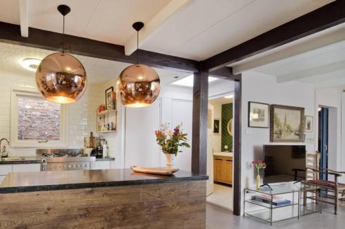 une cuisine avec deux grandes suspensions et un comptoir dans l'établissement Lovely Studio with Patio and Garden, à Westenschouwen