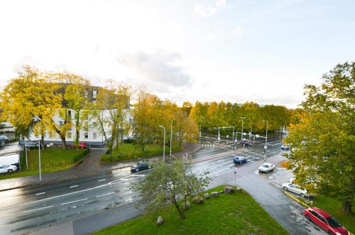 an aerial view of a busy city street with cars at Furnished apartment with a very good location in Kristiine in Tallinn