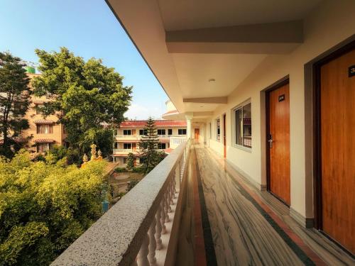 a view from the balcony of a building at Tharlam Guest House in Kathmandu