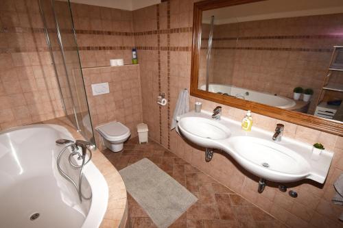 a bathroom with a sink and a tub and a toilet at Villa San Rocco with heated pool in Vodnjan
