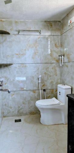 a bathroom with a toilet and a sink on a wall at Annapoorna lodge agumbe in Someshwar