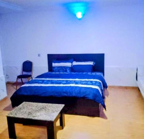a bedroom with a large bed with a blue comforter at Short let apartments LBS,Lekki Ajah Lagos in Lekki