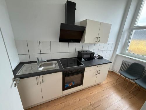 eine kleine Küche mit Spüle und Mikrowelle in der Unterkunft Exclusive Monteursunterkunft in Kirchenlamitz