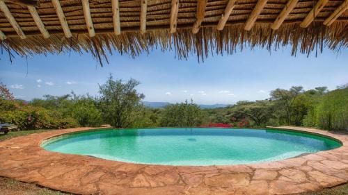 a large swimming pool with a thatched roof at Private bush camp with pool cottages tents - 2332 in Ilbisil