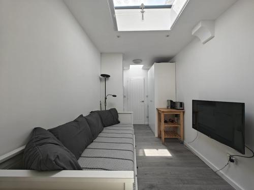 ein Wohnzimmer mit Sofa und Flachbildfernseher in der Unterkunft Skylit Studio Retreat in Norwood