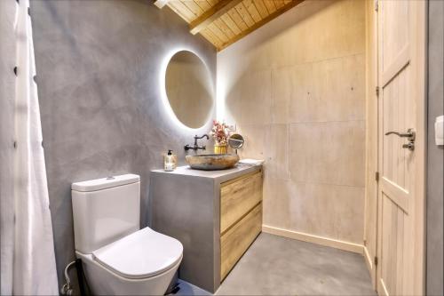a bathroom with a toilet and a sink and a mirror at El rincón de rosina in Sequera de Fresno