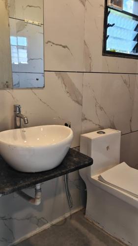 a bathroom with a sink and a toilet and a mirror at Hotel Prathamesh in Panchgani