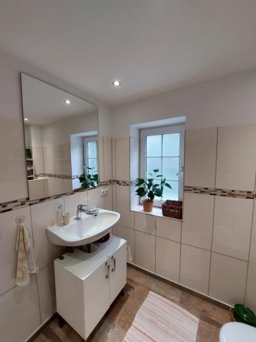 a white bathroom with a sink and a mirror at Domus Campus Latus - Ferienwohnungen Breitenfeld in Gumtow