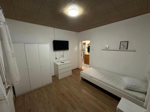 ein Schlafzimmer mit einem Bett und einem Fernseher darin in der Unterkunft Exclusive Monteursunterkunft in Wunsiedel