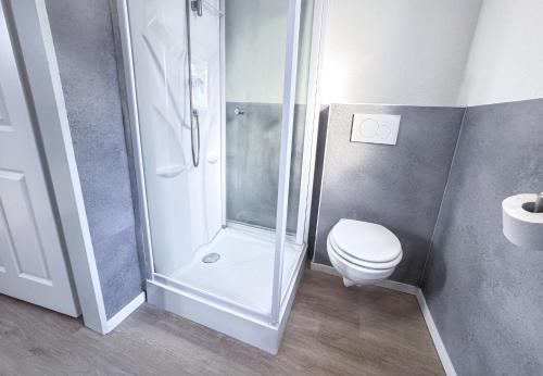 a bathroom with a shower and a toilet at Studioappartement voor 2 gasten - 33-45 in Bunkenburg