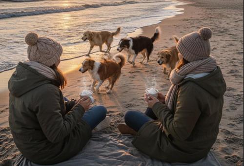 two women sitting on the beach with a group of dogs at Sea-view Stay Fast Wi-fi in Zoutelande