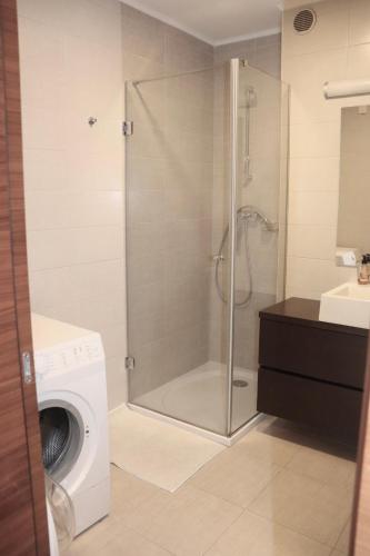 a bathroom with a shower and a washing machine at Apartment Valis in Velenje