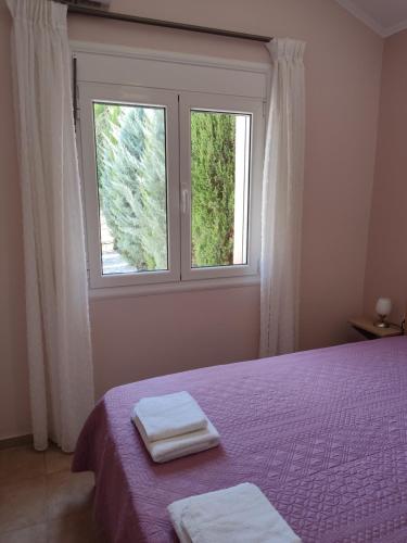 een slaapkamer met een paars bed en een raam bij Rias Efthimiou House in Kanallákion