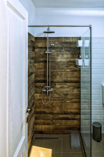 a bathroom with a shower with a wooden wall at Poienărei Forest Heaven in Poenărie