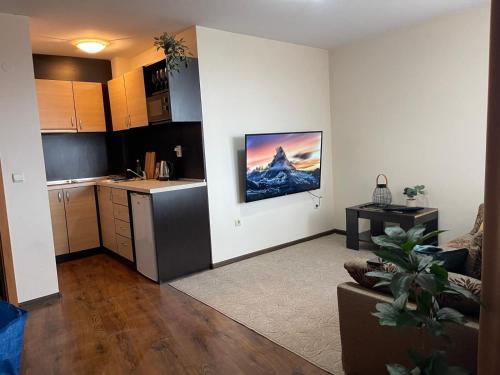 a kitchen and a living room with a couch and a table at Comfortable and affordable big studio in Bŭnzareto