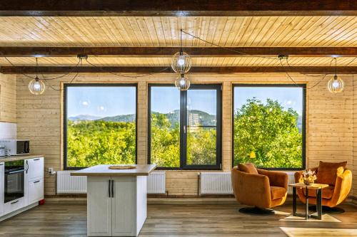 eine Küche mit einem Haufen Fenster in einem Zimmer in der Unterkunft Poienărei Forest Heaven in Poenărie