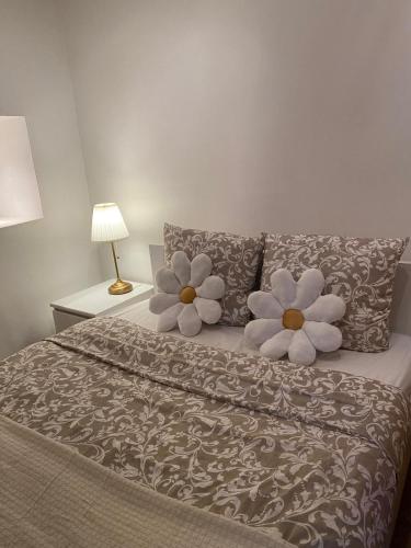 twee kussens bovenop een bed in een slaapkamer bij Le Duplex Cosy in Orléans