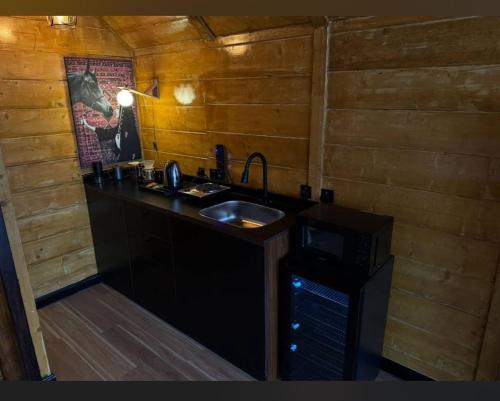 eine kleine Küche mit Spüle und Herd in der Unterkunft كاف كوخ in Sawdāʼ