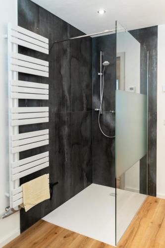 a bathroom with a shower with a glass door at Ferienwohnungen Hirschen in Löffingen