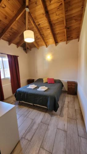 a bedroom with a bed in a room with wooden ceilings at El Cantar de los Pajaros in Merlo