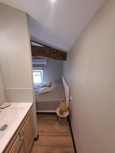 a small bedroom with a bed and a sink at Le Gîte du Pêcheur, en campagne pour 10 personnes, Piscine privée et jardin in Damazan