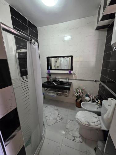 un baño con ducha, inodoro y lavabo en House 75, en Tirana
