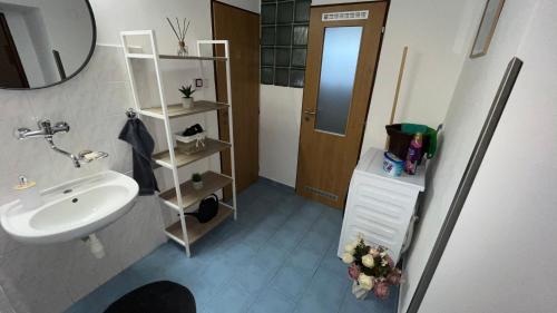 a bathroom with a sink and a mirror at Apartmán Mája in Rumburk