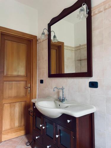 a bathroom with a sink and a mirror at Pink House in Perdifumo