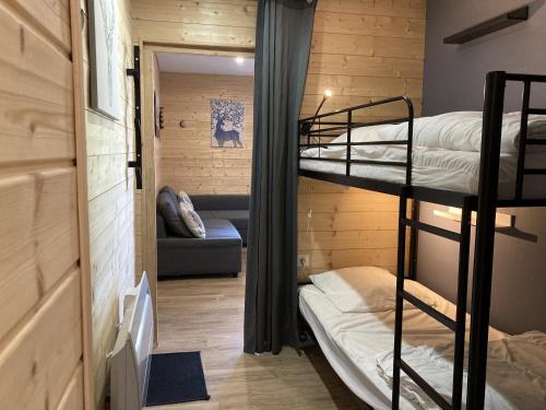 a room with two bunk beds and a couch at Cocon montagne Rocher du Cerf in Le Lioran