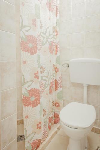 a bathroom with a toilet and a shower curtain at Casa Romano in Aradeo
