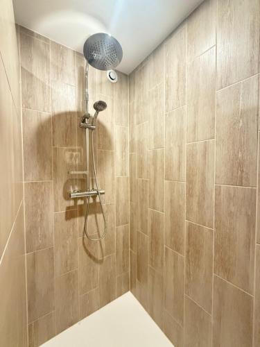 eine Dusche mit Duschkopf in einem Badezimmer in der Unterkunft La chambre clé de la forêt in Métairies-Saint-Quirin