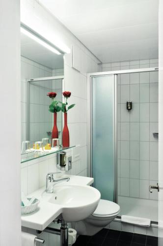 a bathroom with a sink and a toilet and a mirror at Sorell Hotel Arabelle Bern in Bern