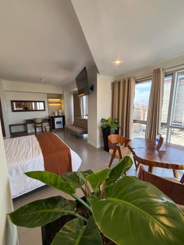 a hotel room with a bed and a table with a plant at Anqari Hotel in San Antonio