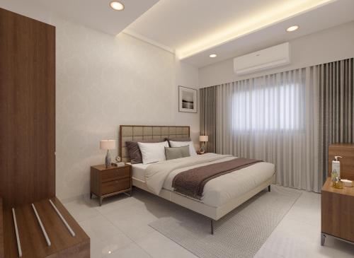 ein Schlafzimmer mit großem Bett und Fenster in der Unterkunft Majestic Manor Hotel Apartment Dakar Diamniadio in Rufisque