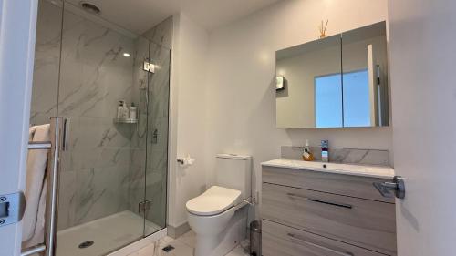 a bathroom with a shower and a toilet and a sink at Stylish Cashel Townhouse Stay in Linwood