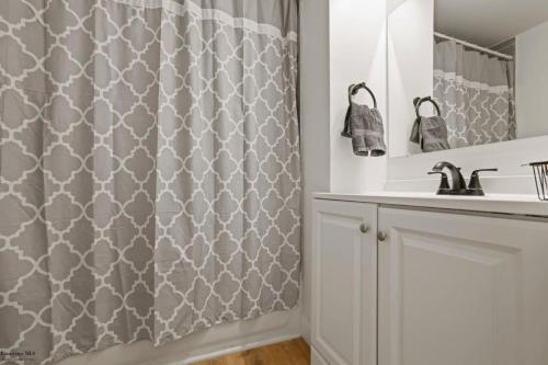 a bathroom with a shower curtain and a sink at Corporate Cottage on Circle in Thornville