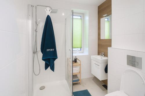 ein Badezimmer mit Dusche und Toilette in der Unterkunft Bezpieczna Przystań in Frombork