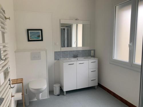 a white bathroom with a toilet and a sink at L'Arbre de Vie in Montmarault