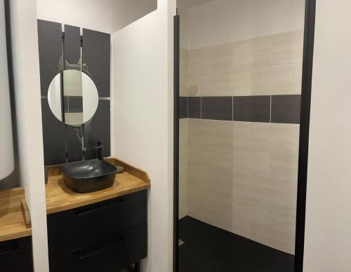 un bagno con lavandino e specchio di Jardin de l'ardoiserie a Saint-Gravé