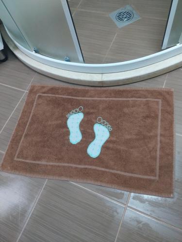 a brown bathroom rug with blue footprints on it at Park Apartment in Kochani