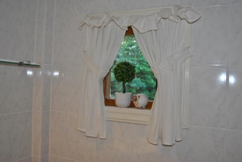een raam met witte gordijnen in de badkamer bij Orsastuguthyrning-Viborg in Orsa