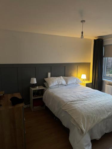 a bedroom with a large white bed and a window at Central 2 bed Apartment Bangor in Groomsport