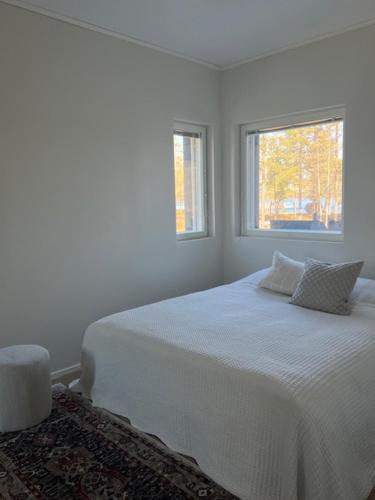 a white bedroom with a bed and two windows at Villa Valkeinen in Yli-Lesti