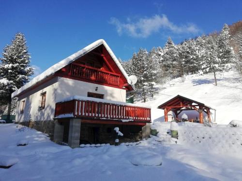 a building with a red roof in the snow at Chalupa Rozália in Štôla