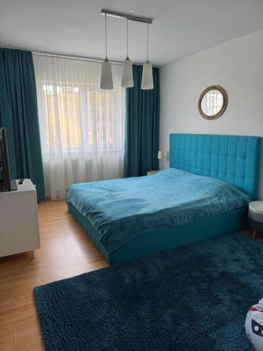 a bedroom with a blue bed and a window at Miri Apartament in Lupeni