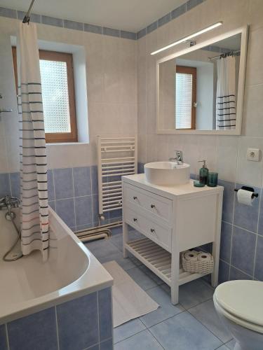 a bathroom with a sink and a tub and a toilet at Maison Céline - Jardin clos et Parking Privé Gratuit in Crevant-Laveine