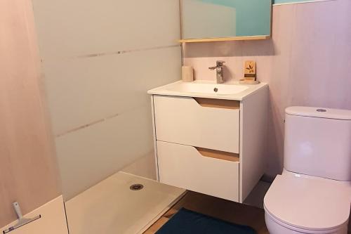 a small bathroom with a sink and a toilet at Chambres d'hôtes Les Violles in Chirac